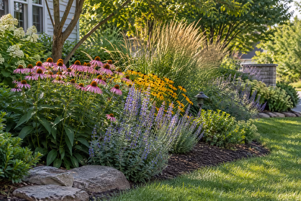Sunlit perennial border with coneflowers, salvia, ornamental grasses and rudbeckia beside lawn, eye-level view