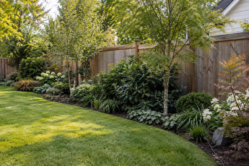 Privacy planting along timber garden fence with mixed evergreen shrubs, small ornamental trees and low groundcover, generous lawn foreground