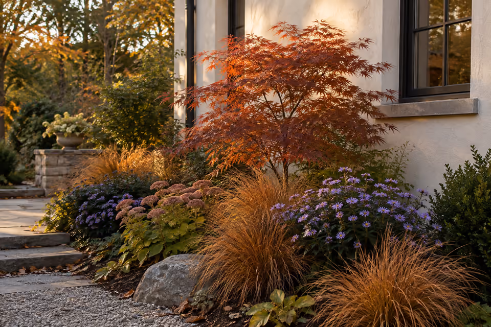 Autumn residential planting bed with russet grasses, asters and small Japanese maple beside cream stucco wall, natural warm late afternoon light