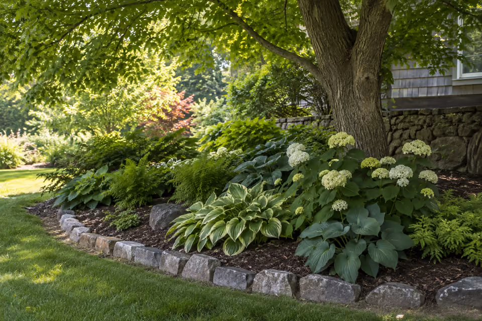 Shaded residential garden corner under mature deciduous tree with ferns, hostas and hydrangeas, neatly mulched bed and stone border