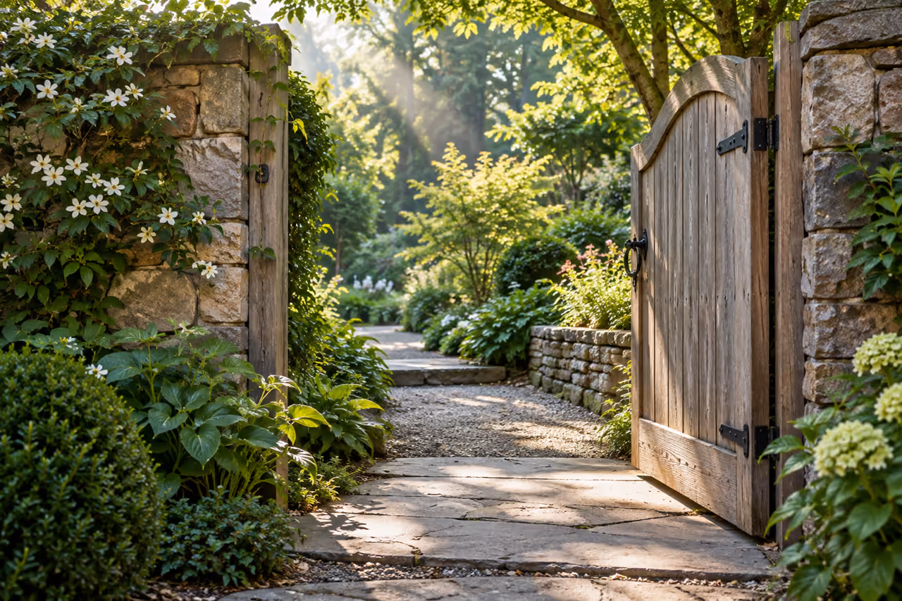 Wooden gate opening onto a green garden path
