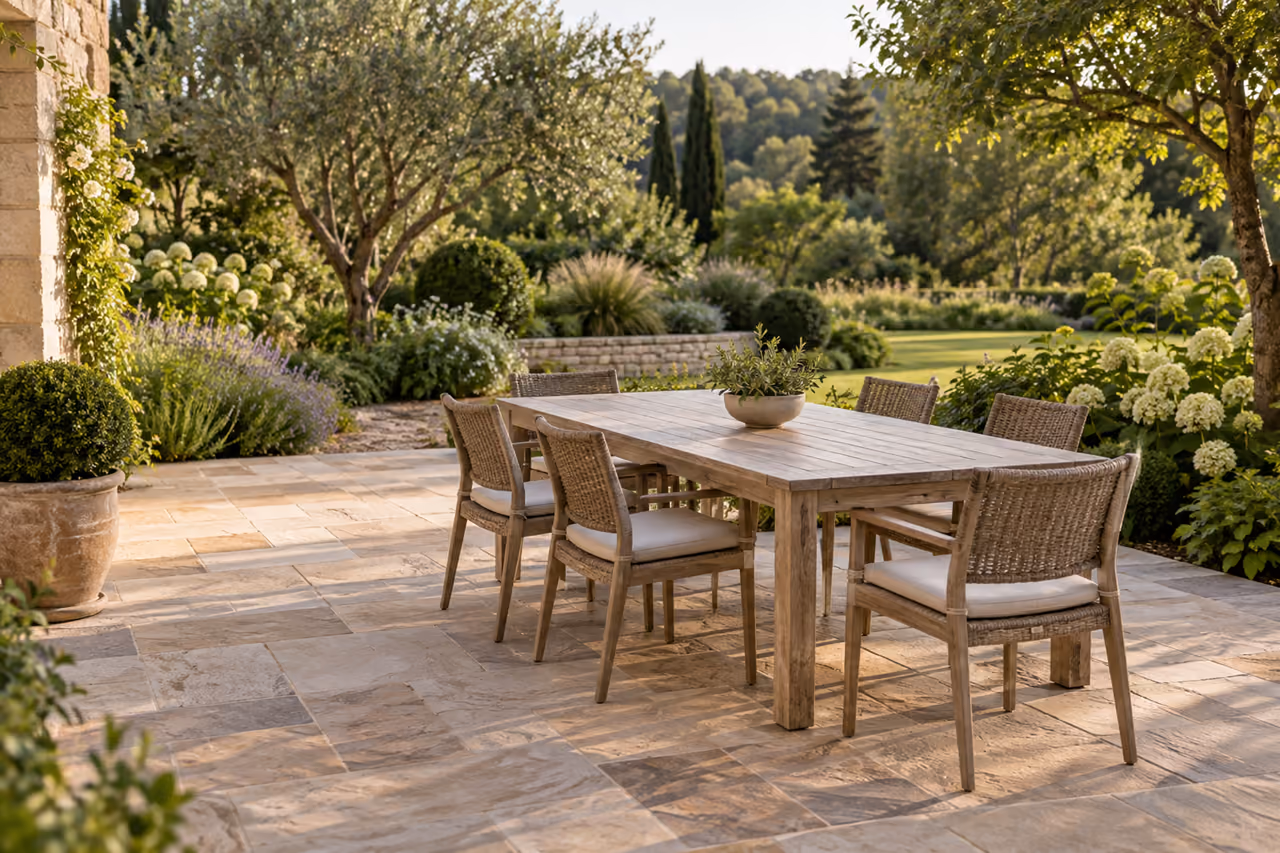Garden dining table framed by lush planting