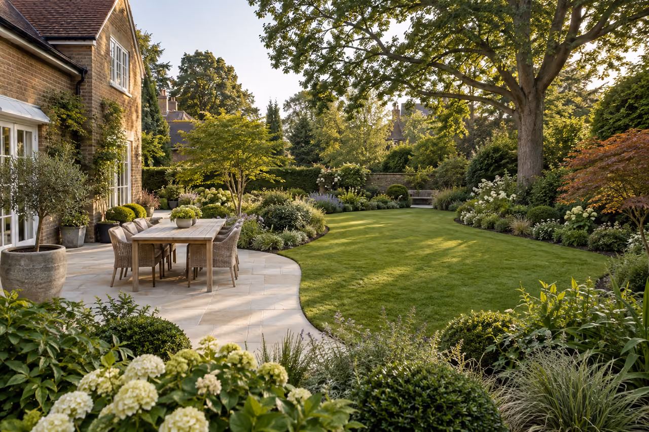Long garden with curved borders and a dining terrace
