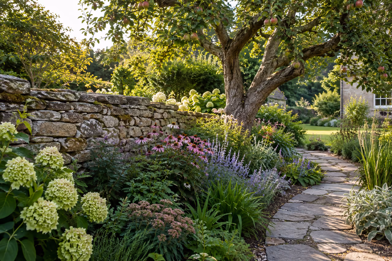 Mature apple tree and old wall beside a renewed path