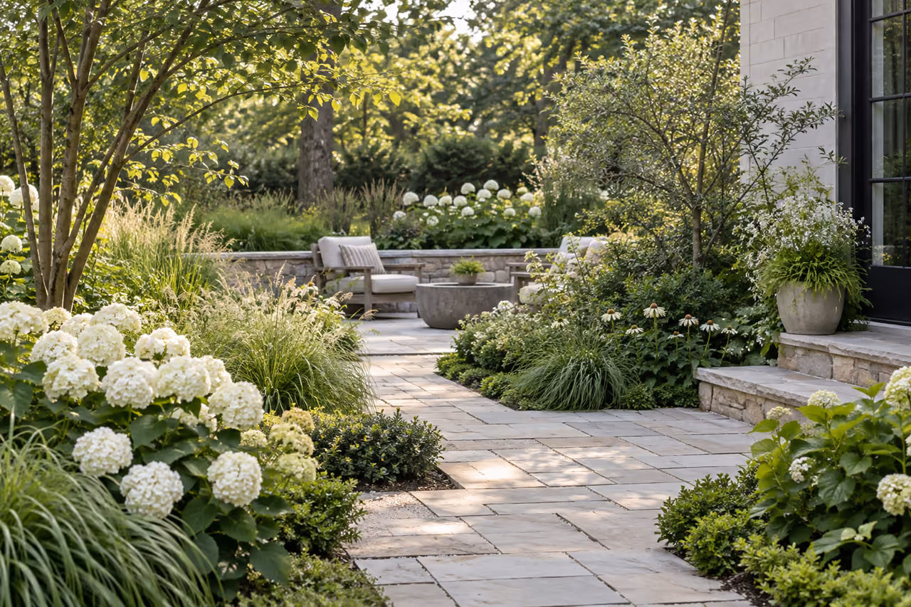 Stone path connecting lush borders and a seating area