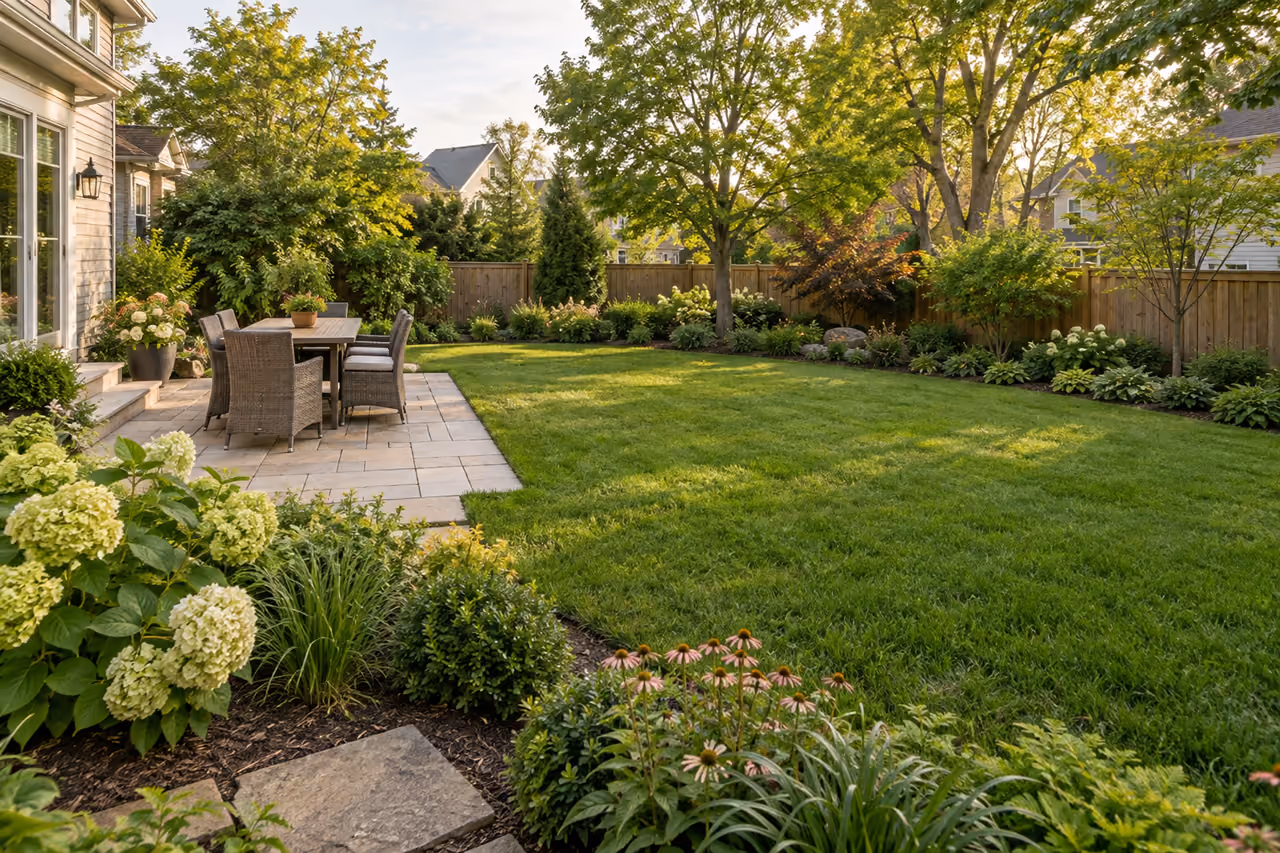 Residential garden with lawn, planting and a paved terrace