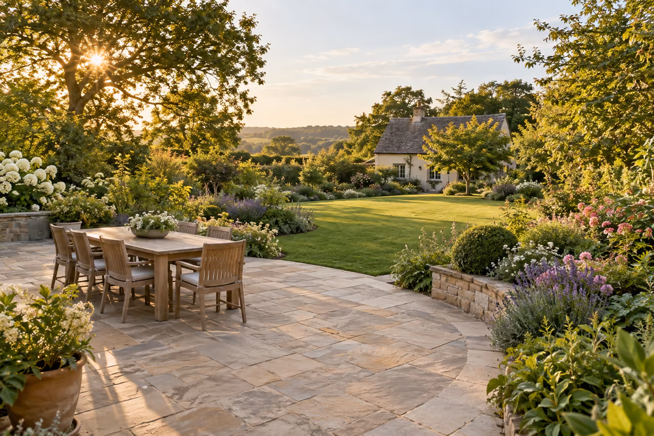 Sunlit garden with curved stone patio, lawn and planted borders