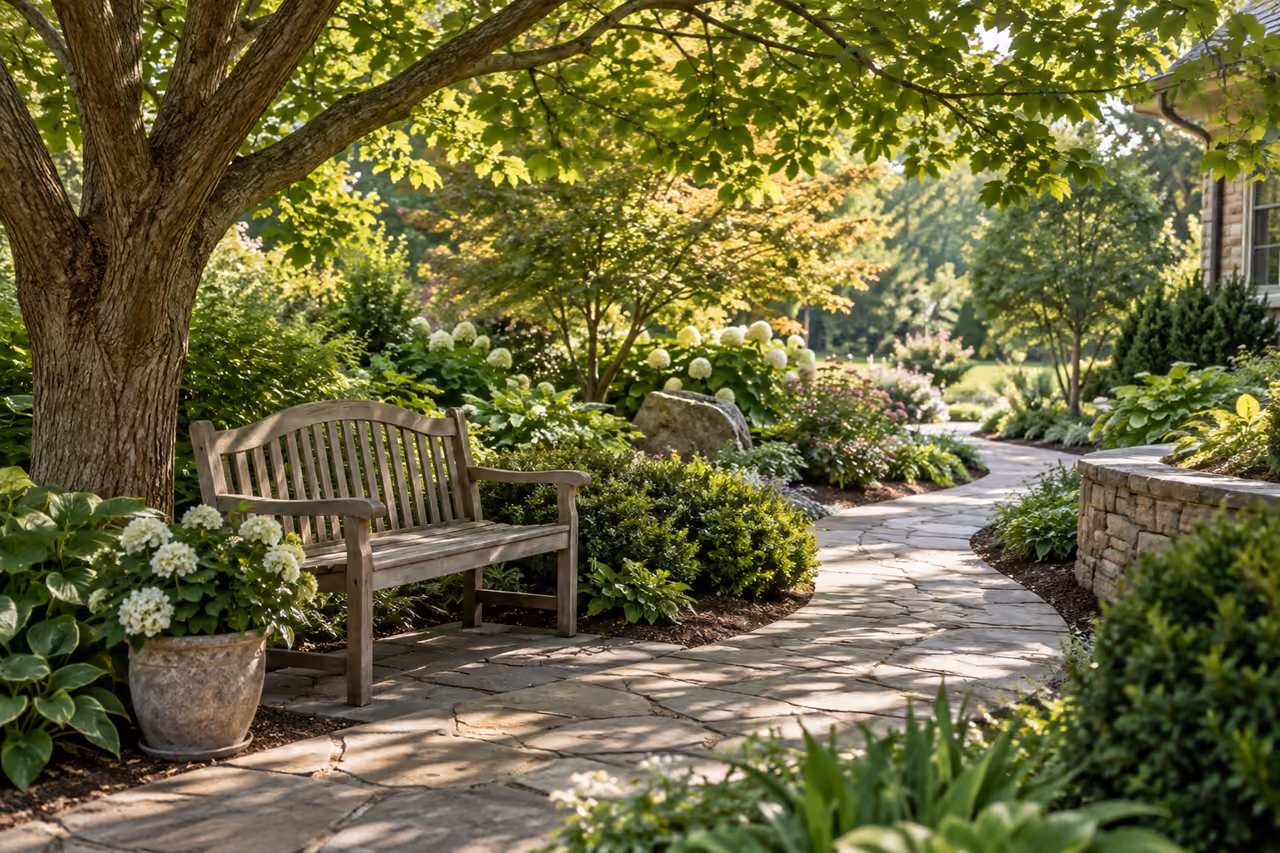 Timber bench beneath a mature garden tree