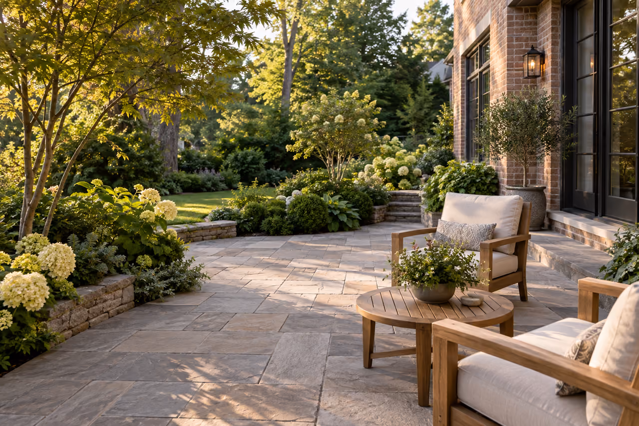 Stone patio with timber seating and planted edges