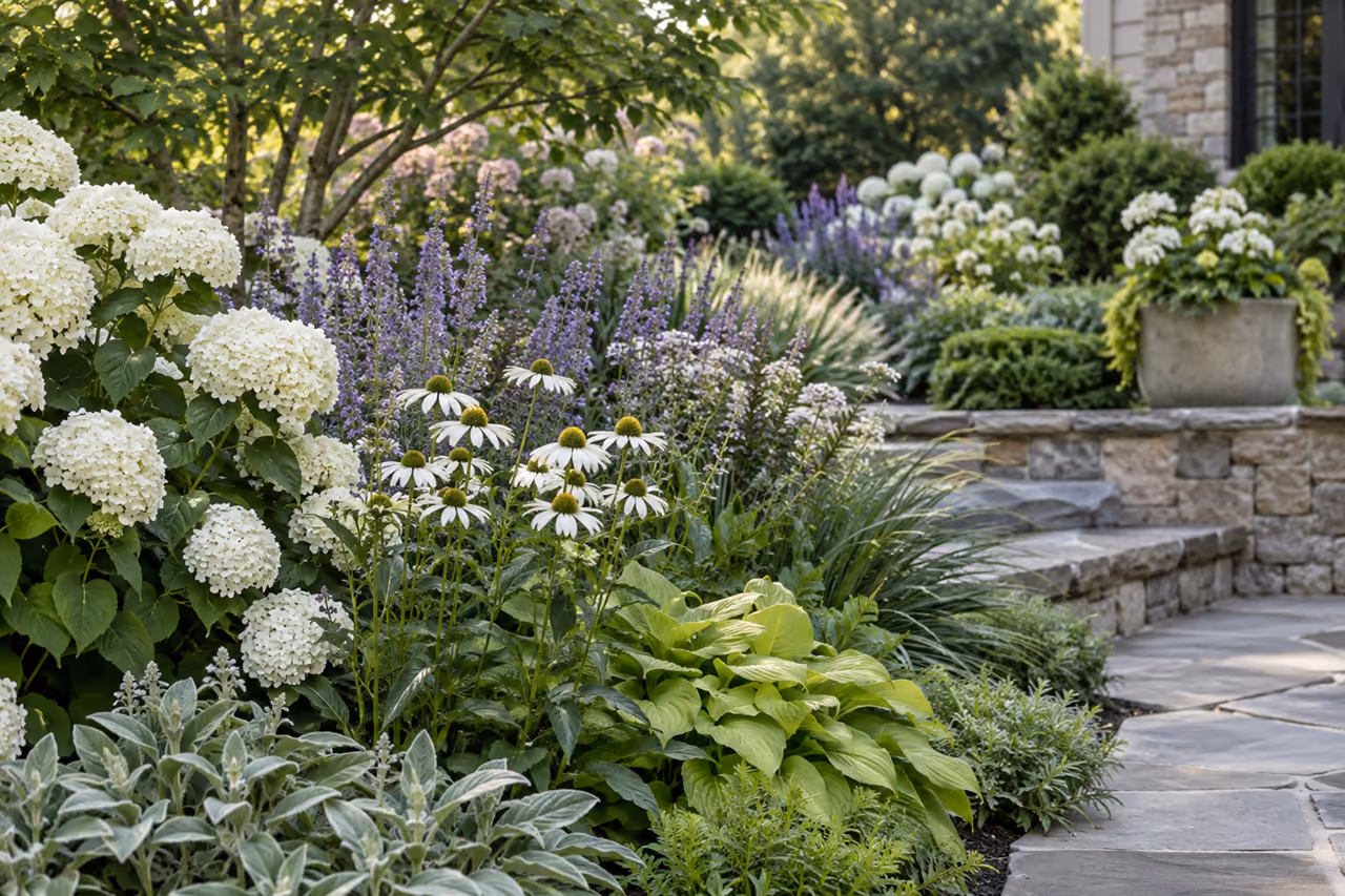White and purple flowers layered with green foliage