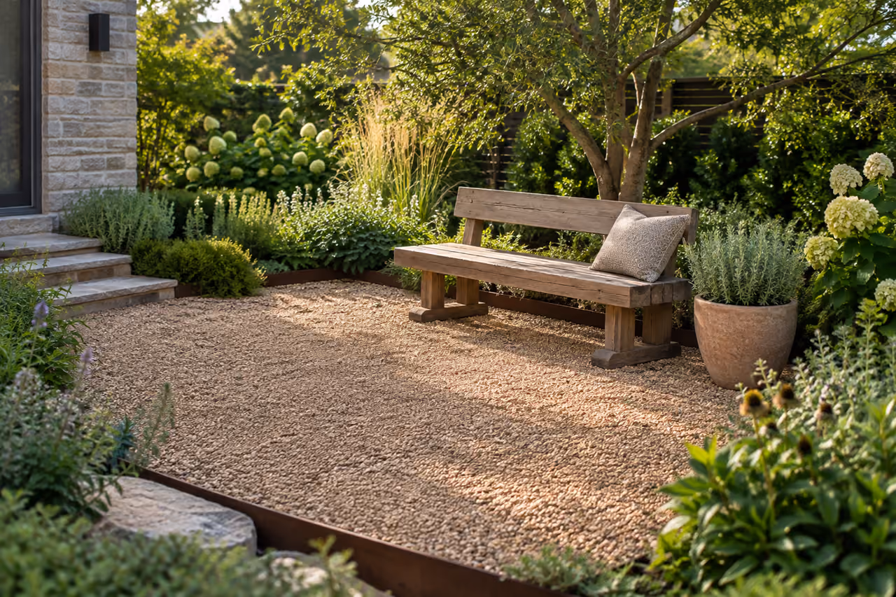 Contained gravel sitting area with a wooden bench