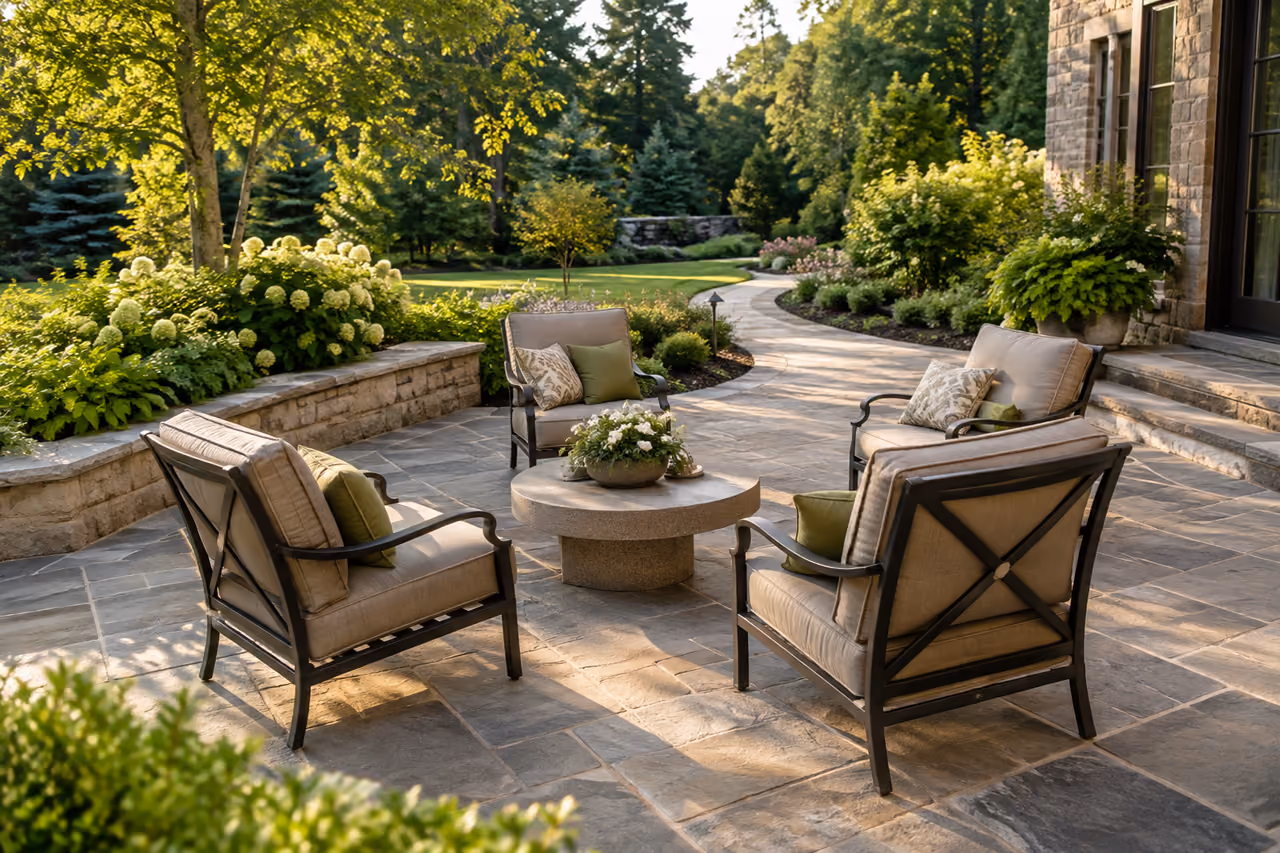 Natural stone patio with garden chairs and connected path