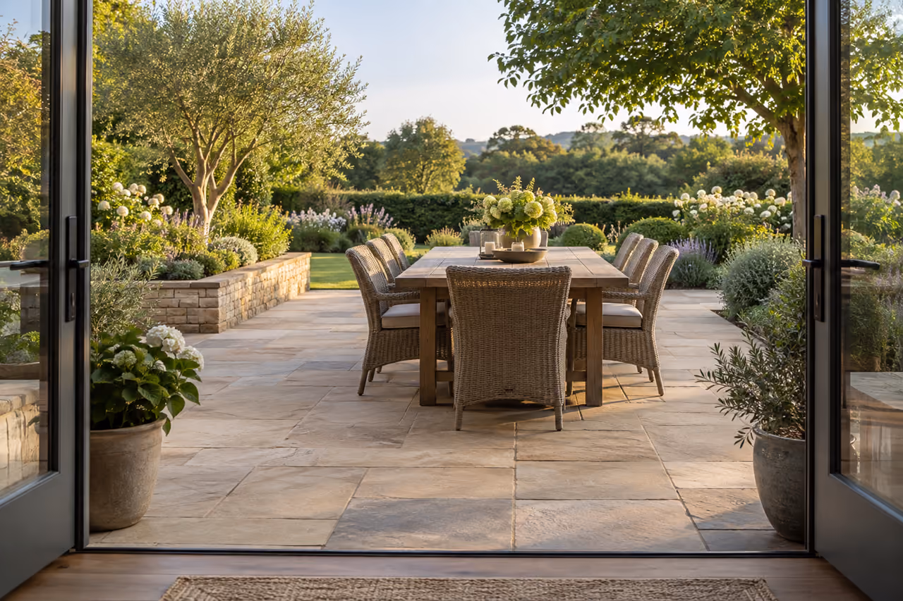 Dining terrace with a clear route around the furniture