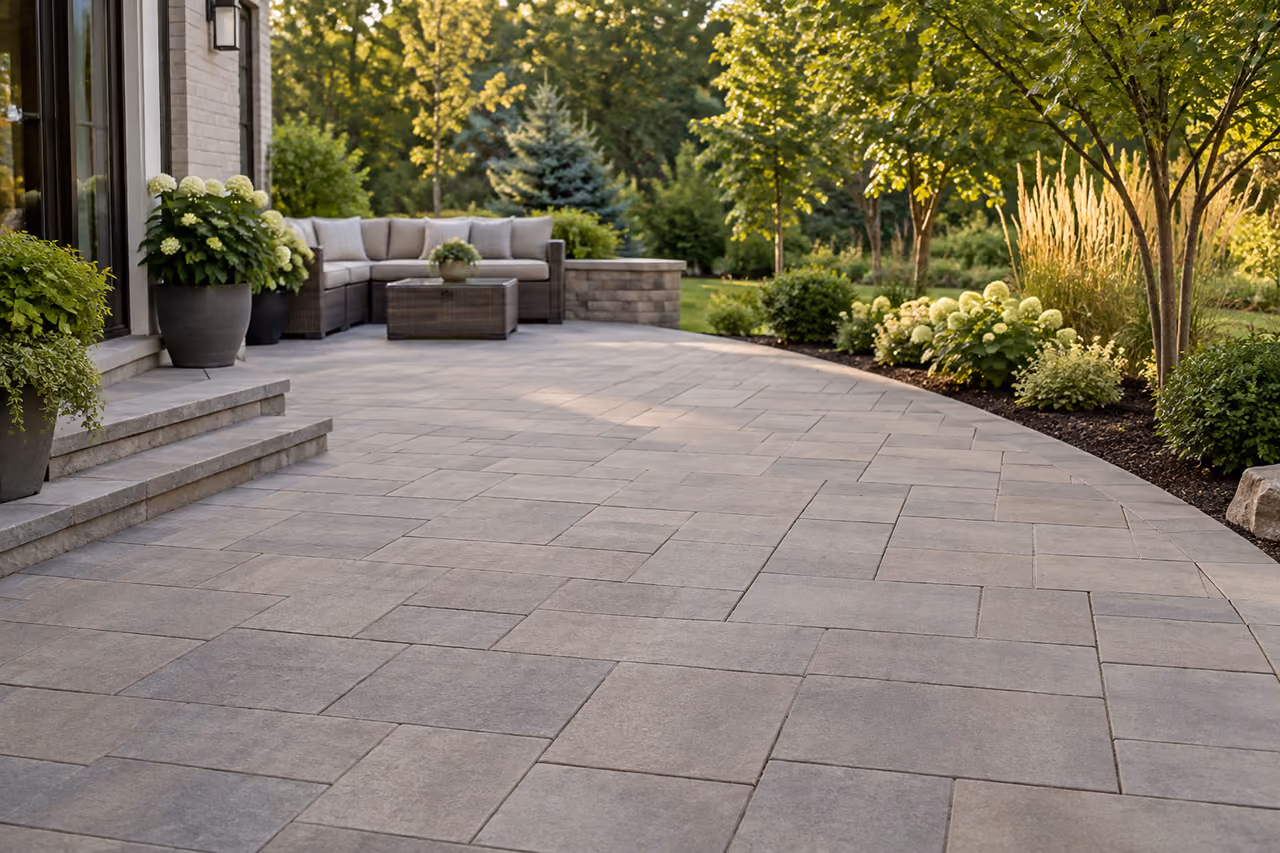 Regular concrete pavers meeting a planted border