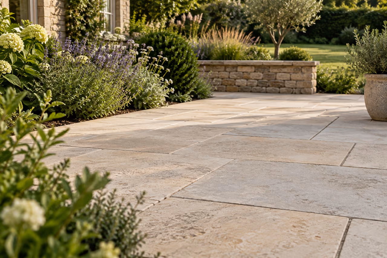 Pale natural stone paving with subtle variations