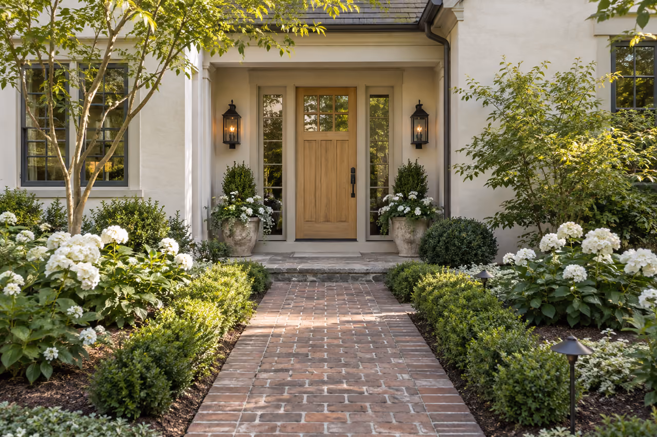 Front entrance framed by shrubs and flowering beds