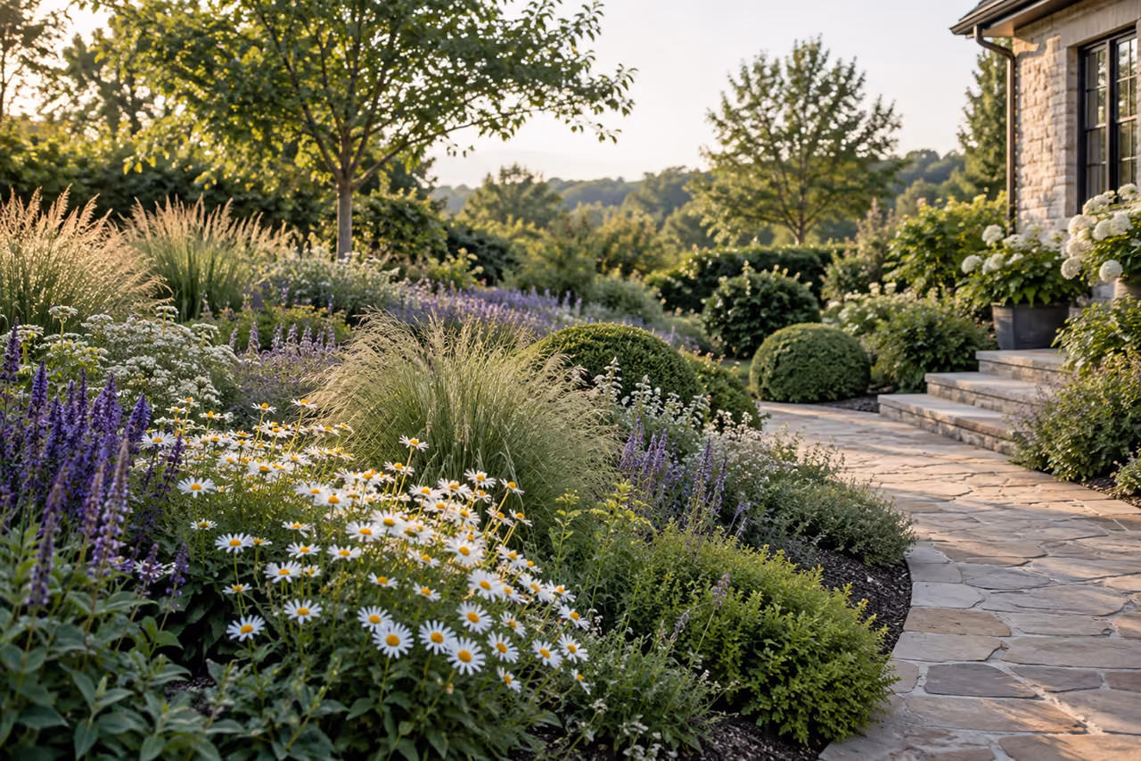 Layered flowering borders with grasses and clipped greenery