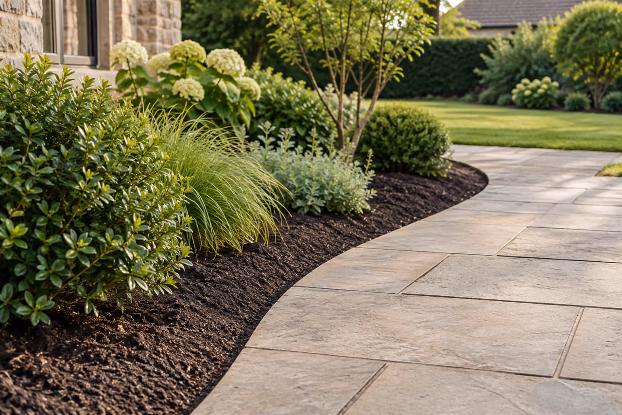 Newly planted border beside neatly finished paving