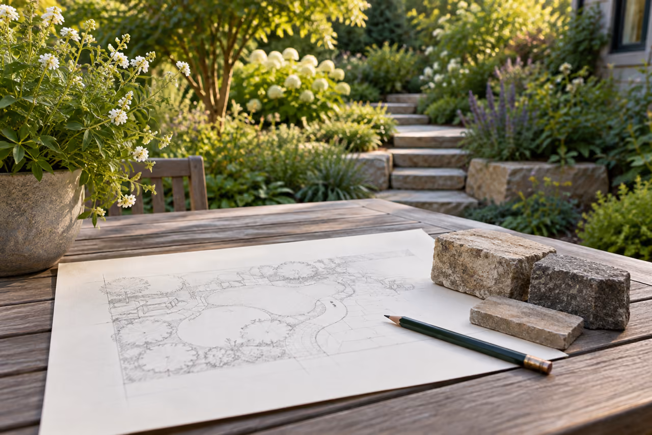 Garden layout sketch and material samples on a table