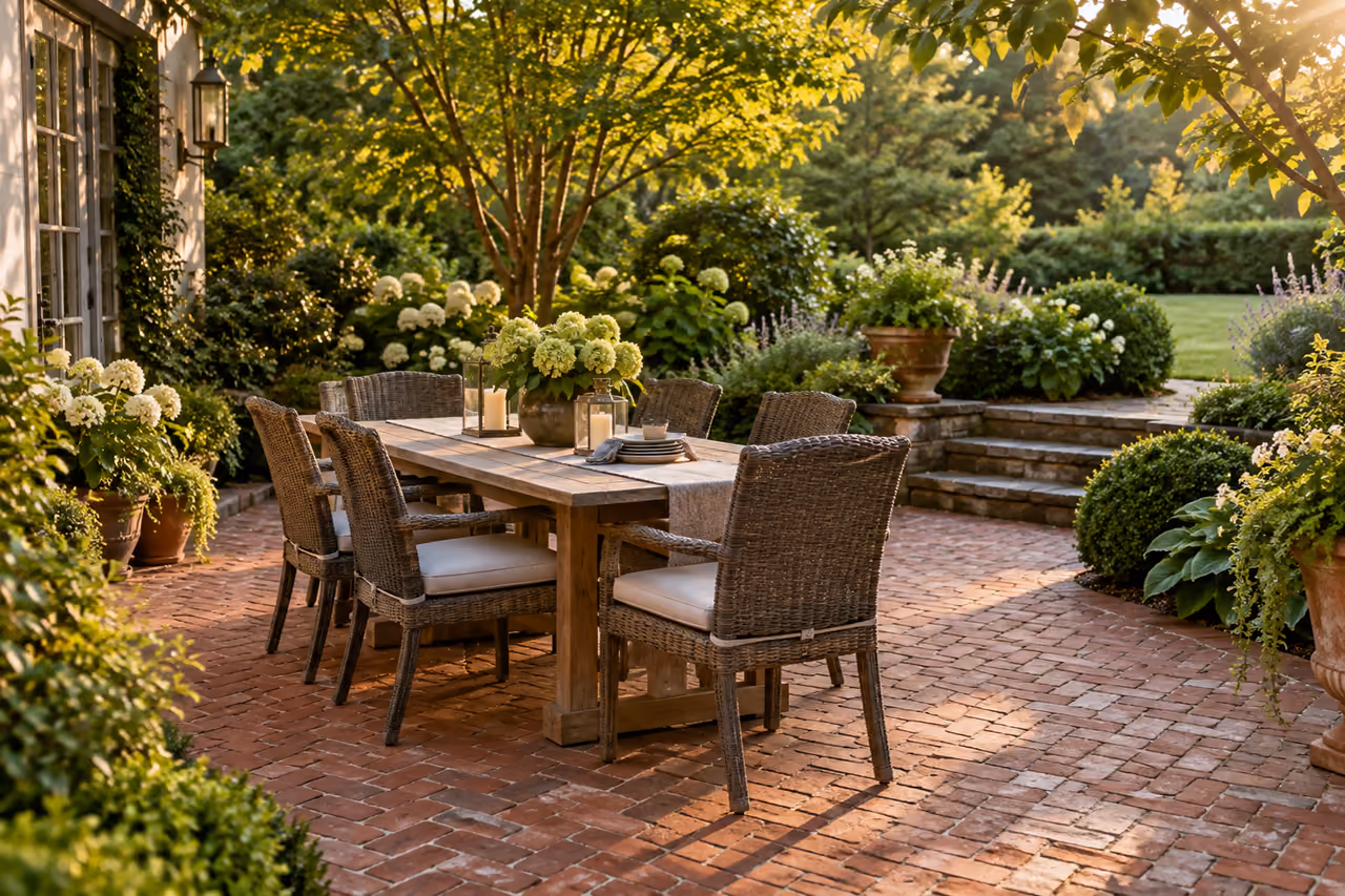 Brick dining terrace enclosed by leafy planting