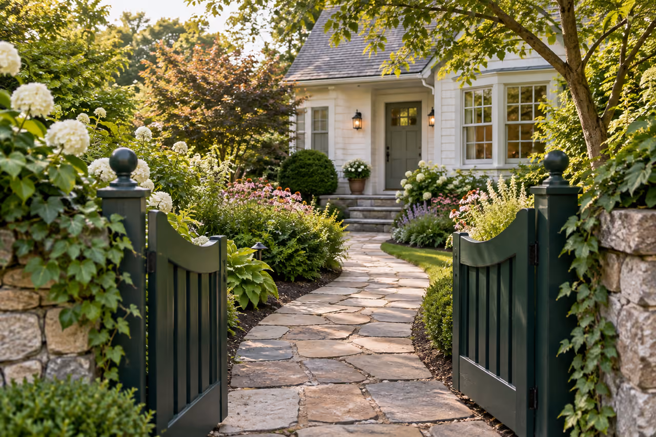 Green gate and curving path through front garden borders