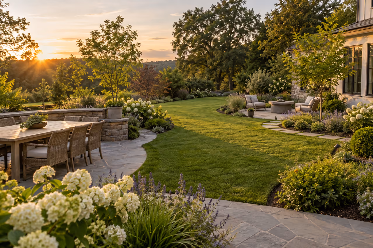 Garden with connected dining and quiet seating areas