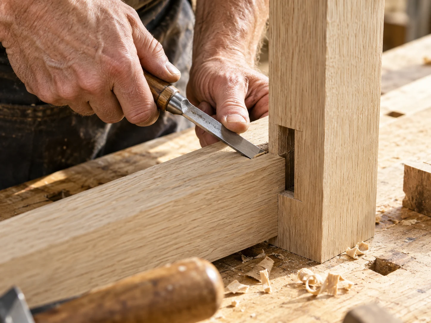 Hands carefully shaping a white-oak joint