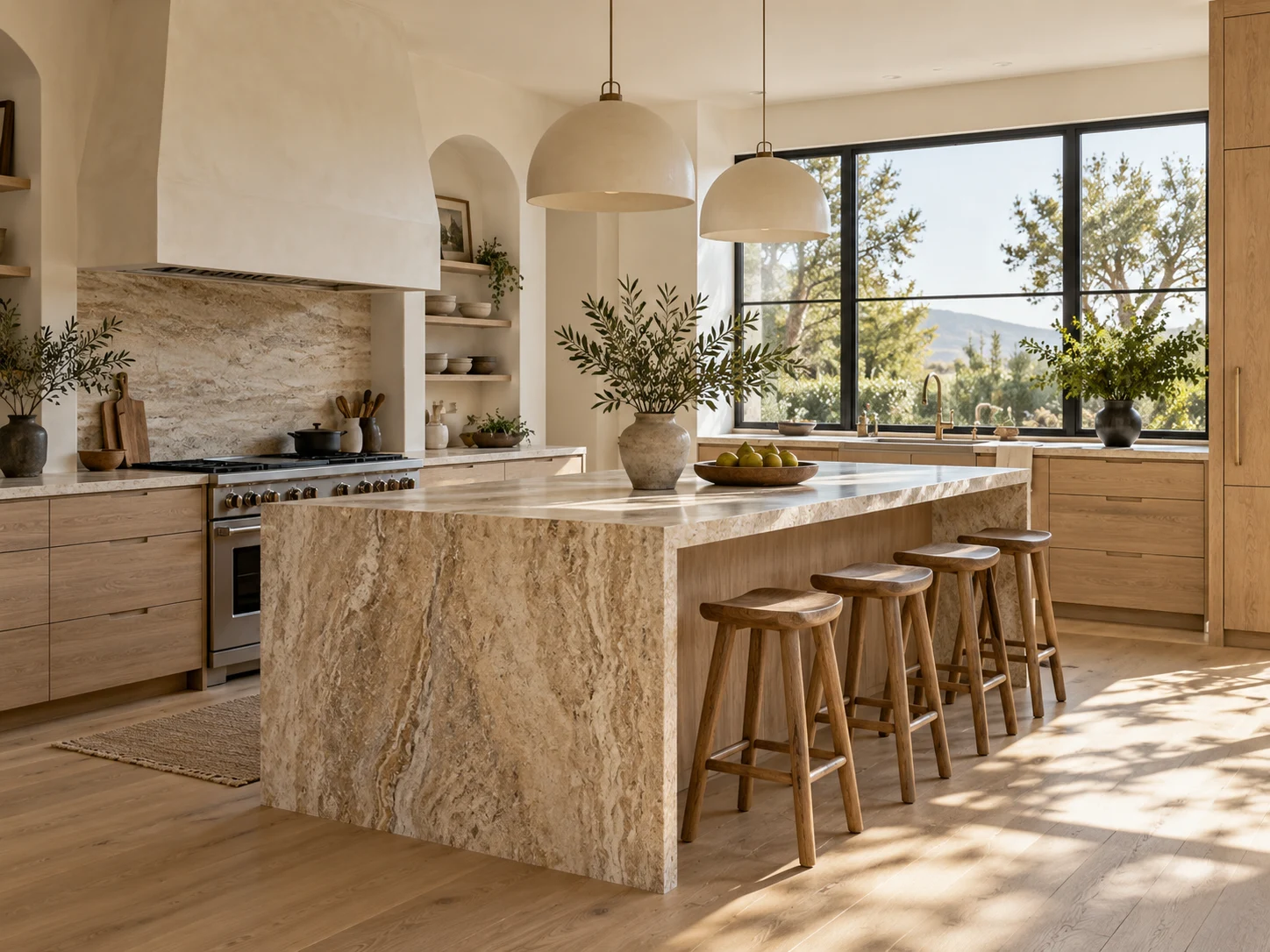 Detail of natural stone and oak in a warmly lit kitchen