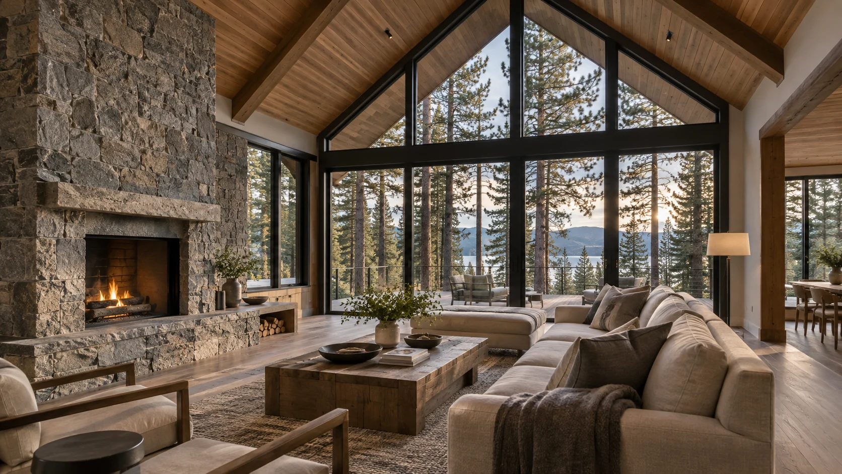 Vaulted timber living room with forest views and a stone fireplace