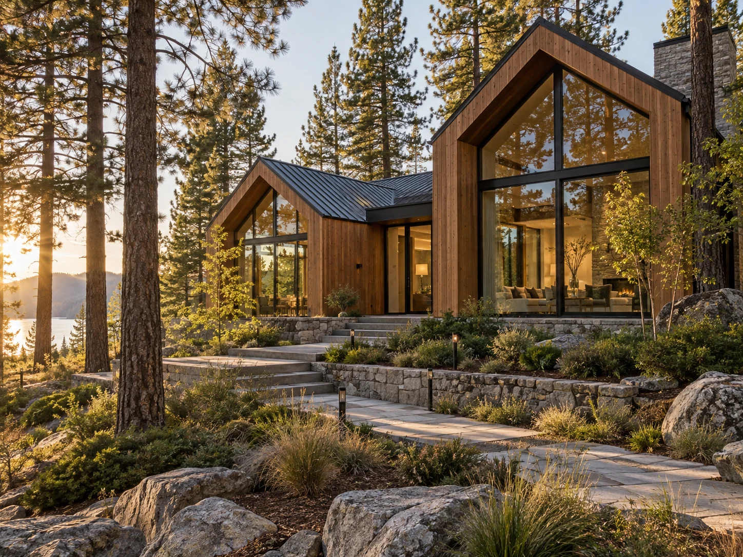 Cedar home with pitched roofs, expansive windows, and a stone terrace among pine trees