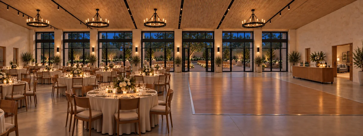 Round candlelit dinner tables beside the clear dance floor in the oak-ceilinged hall.