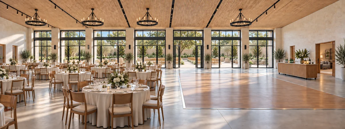 Spacious hall with round dining tables, a separate dance floor and mobile bar beside courtyard glazing.