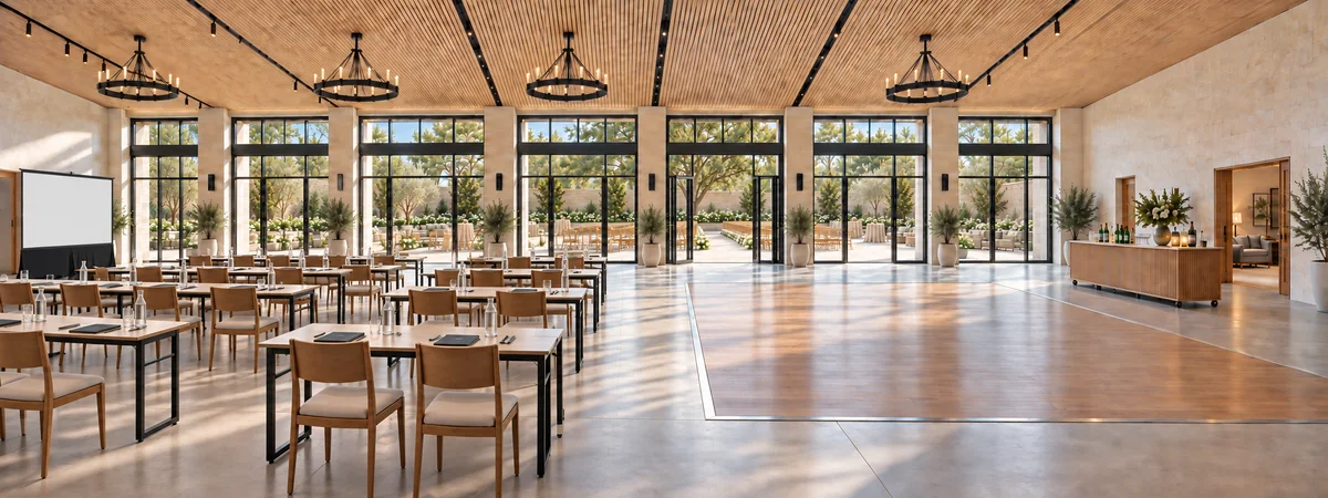 Empty workshop tables and chairs face a presentation screen beside the hall’s courtyard doors.