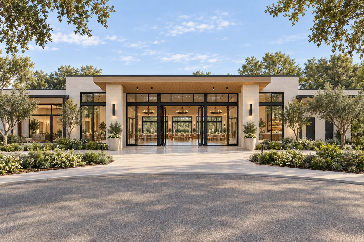 Level planted approach to the pavilion’s covered glass entrance, with lower side wings alongside.