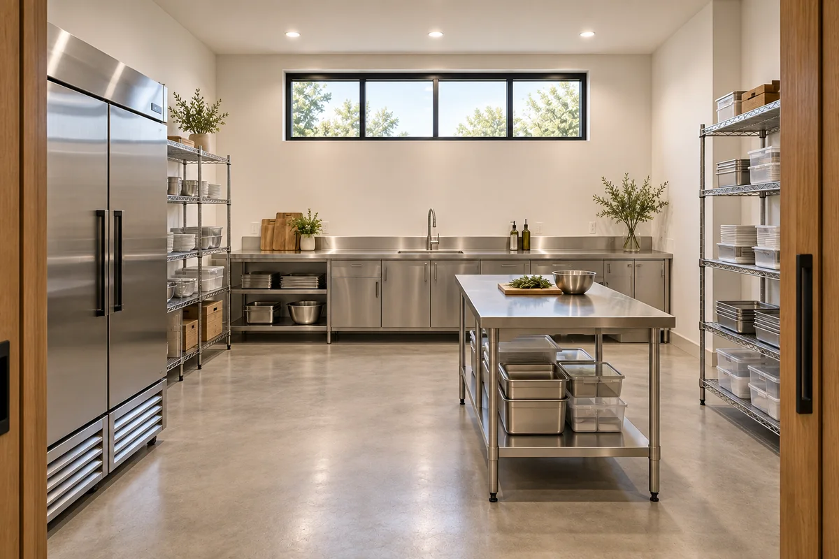 Catering preparation room with work counter, sink and refrigeration.