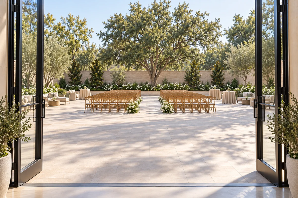 Oak ceremony chairs flank an open aisle toward a mature tree in the courtyard.
