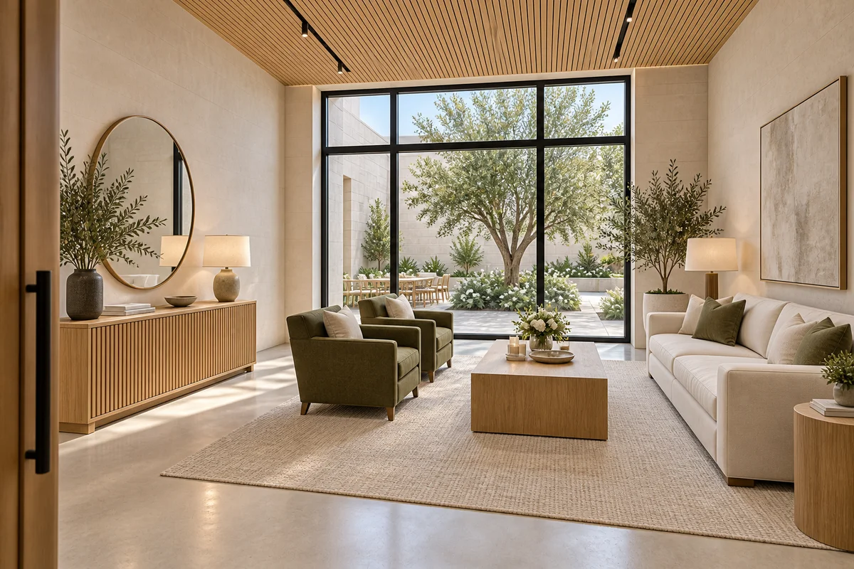 A quiet lounge with olive armchairs, a sofa, preparation counter and a wide doorway to the hall.