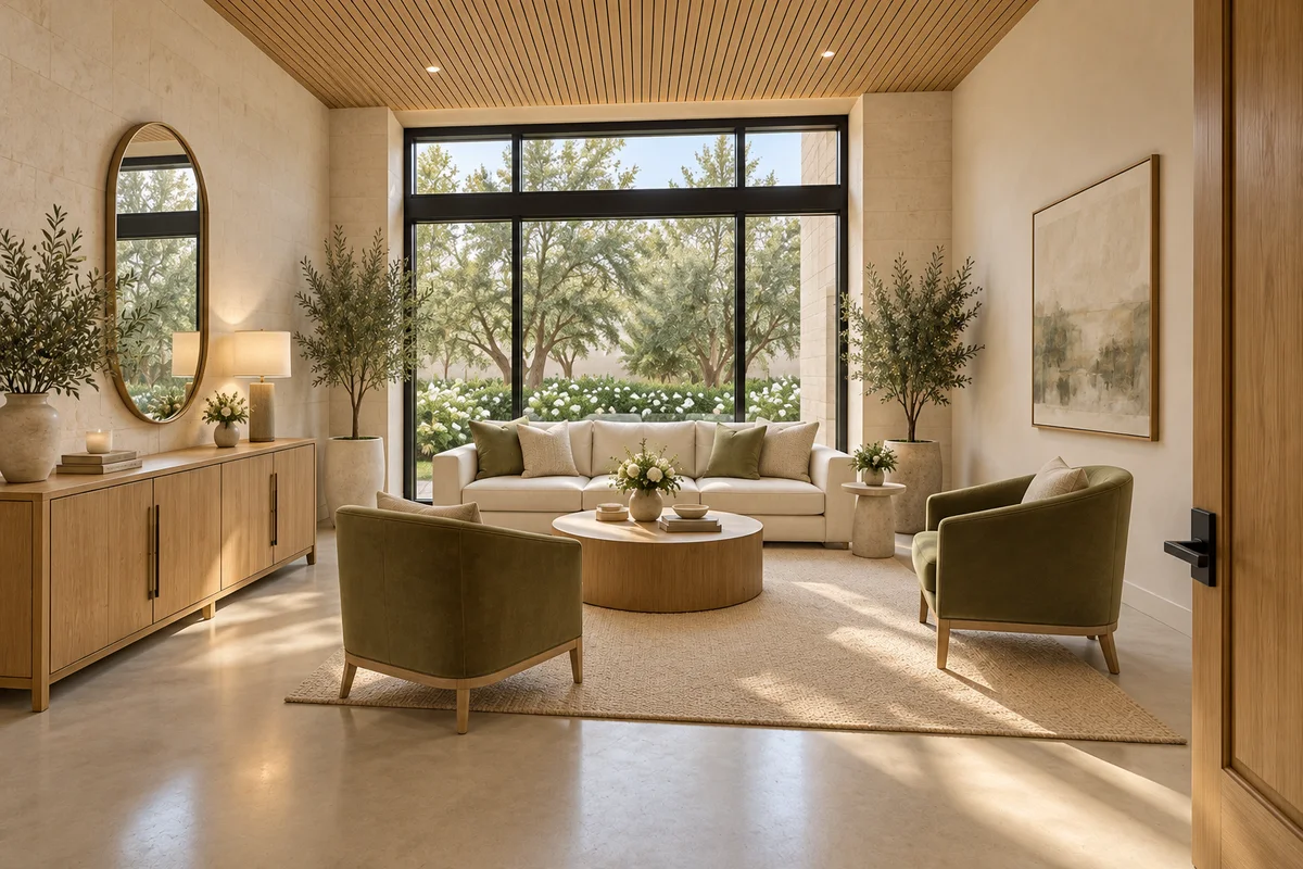 Willow Room with ivory seating, oak preparation counter and mirror.