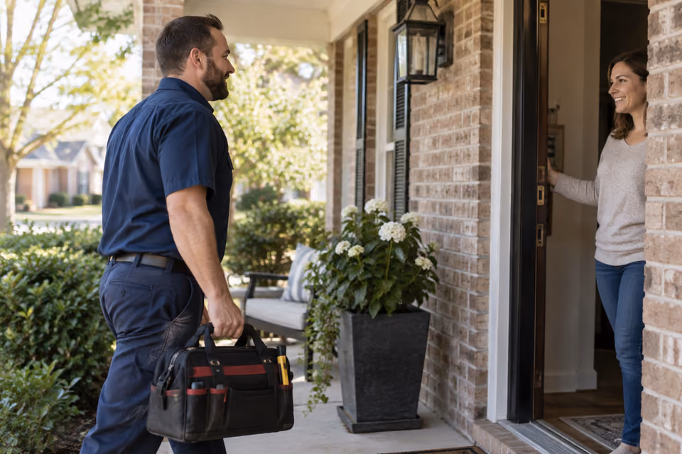 Plumber arriving at a home with a closed tool bag.