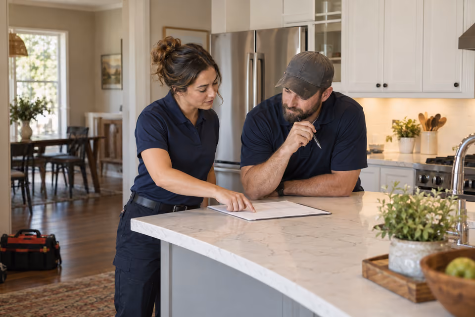 Two service professionals reviewing a work sheet at a kitchen island.