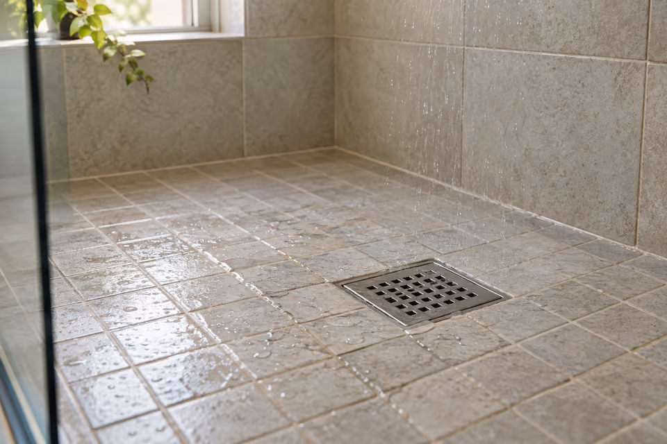 Square drain set into a tiled shower floor.
