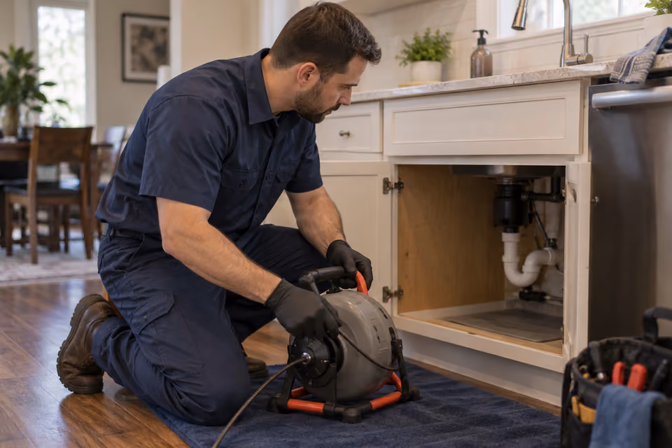 Plumber preparing drain equipment beside a protected kitchen work area.