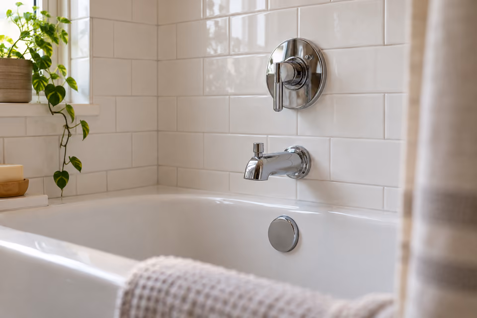 Chrome shower controls above a white bathtub.