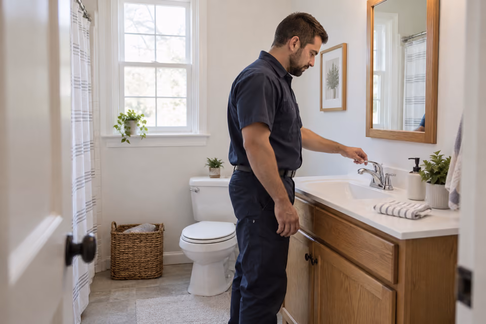 Plumber checking a faucet in a bright residential bathroom.