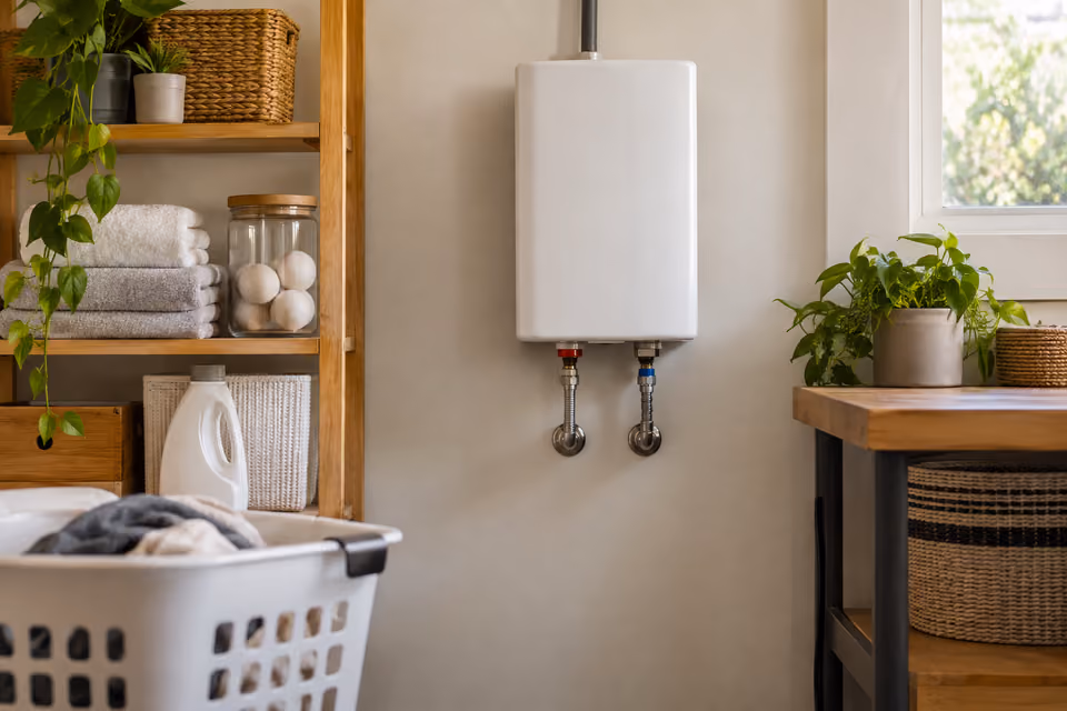 Compact wall-mounted water heater in a utility space.