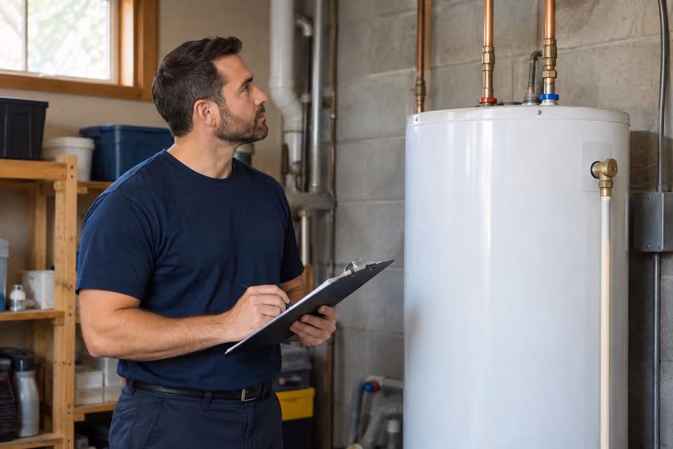 Plumber assessing a storage water heater in a utility room.