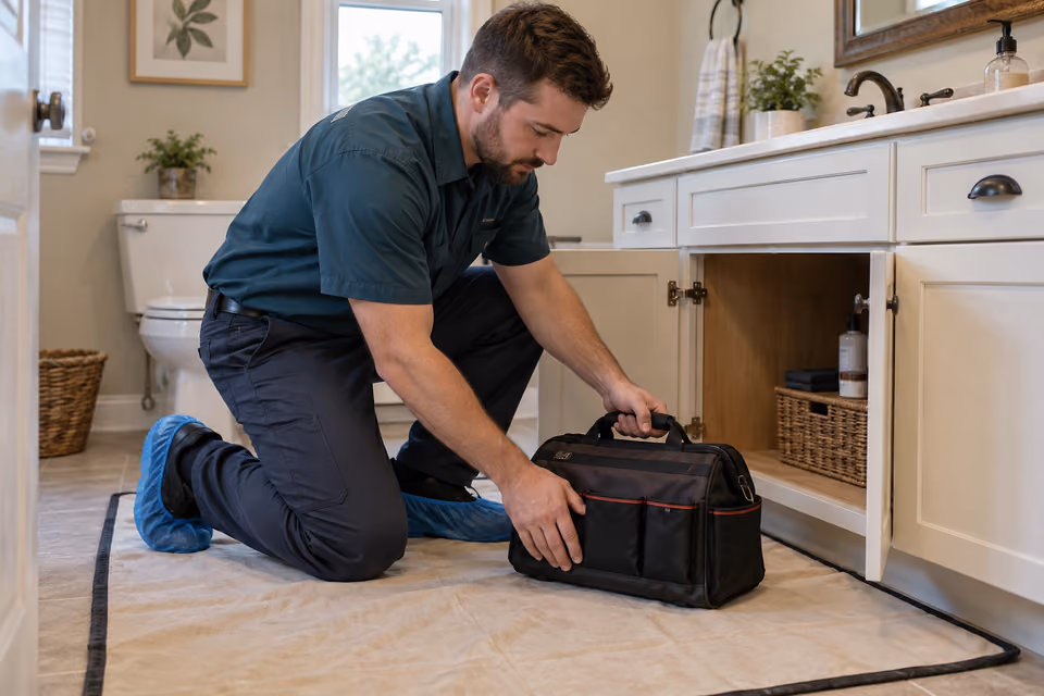 Plumber with shoe covers setting a tool bag on a protective mat beside a bathroom vanity.