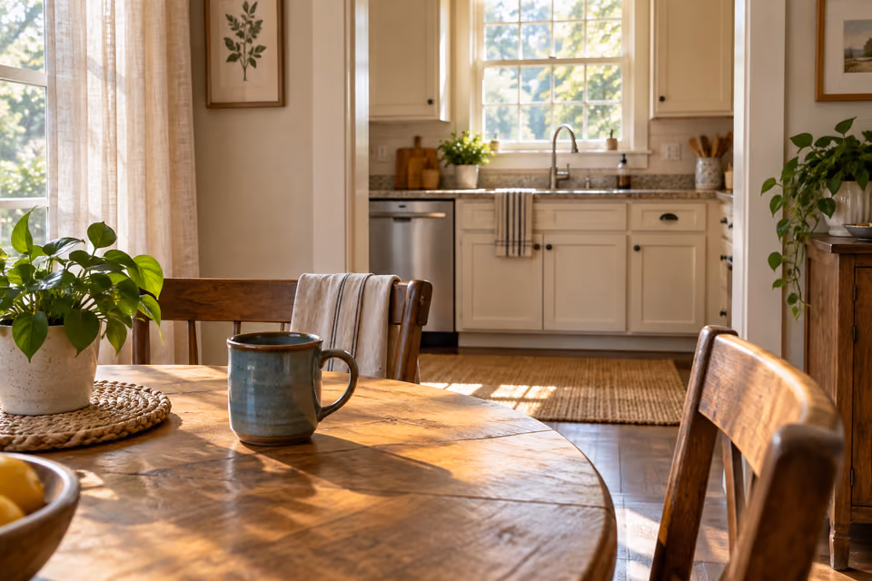 Morning sunlight across a kitchen and dining table with a blue-green mug.