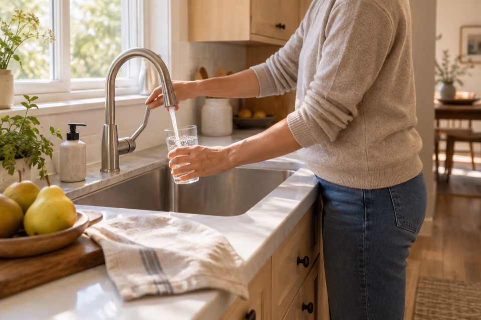 A glass being filled at a sunlit kitchen sink.