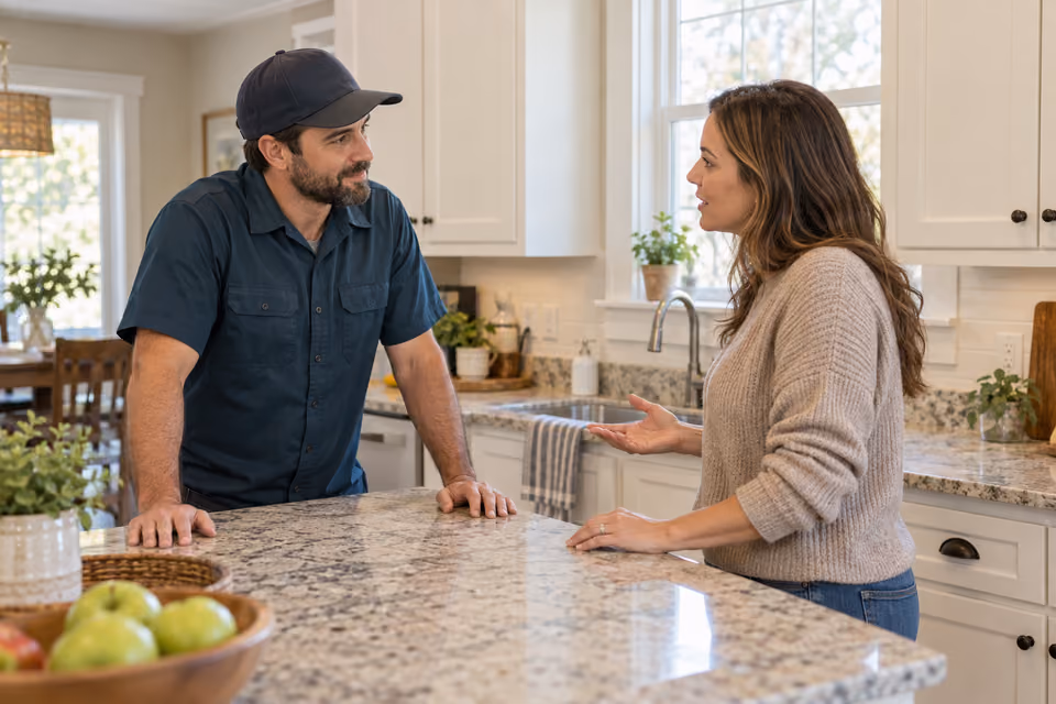 A plumber listening to a homeowner at her kitchen island.